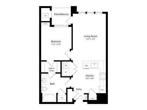 Floor plan for 1 bed, 1 bath, 745 sqft